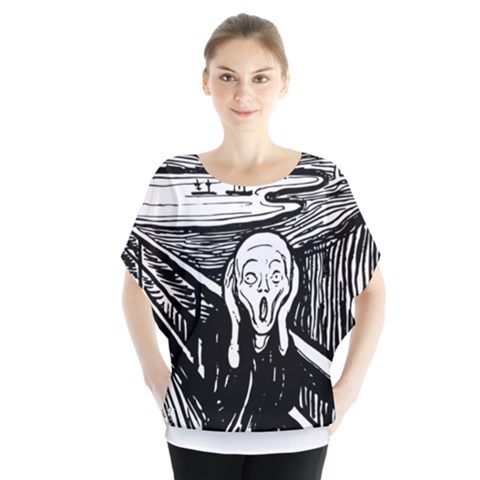 The Scream Edvard Munch 1893 Original Lithography Black And White Engraving Batwing Chiffon Blouse by snek