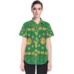 Fauna Bloom Mandalas On Bohemian Green Leaves Women s Short Sleeve Shirt