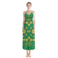 Fauna Bloom Mandalas On Bohemian Green Leaves Button Up Chiffon Maxi Dress by pepitasart