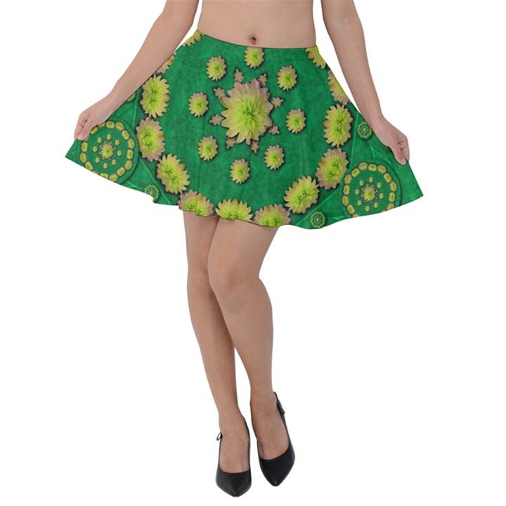 Fauna Bloom Mandalas On Bohemian Green Leaves Velvet Skater Skirt