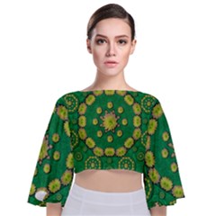 Fauna Bloom Mandalas On Bohemian Green Leaves Tie Back Butterfly Sleeve Chiffon Top by pepitasart