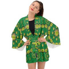 Fauna Bloom Mandalas On Bohemian Green Leaves Long Sleeve Kimono by pepitasart