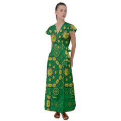 Fauna Bloom Mandalas On Bohemian Green Leaves Flutter Sleeve Maxi Dress by pepitasart