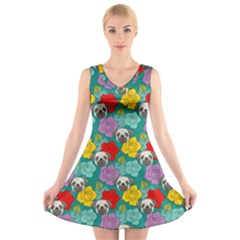 Cute Pug Dog And Flower V-neck Sleeveless Dress by trulycreative