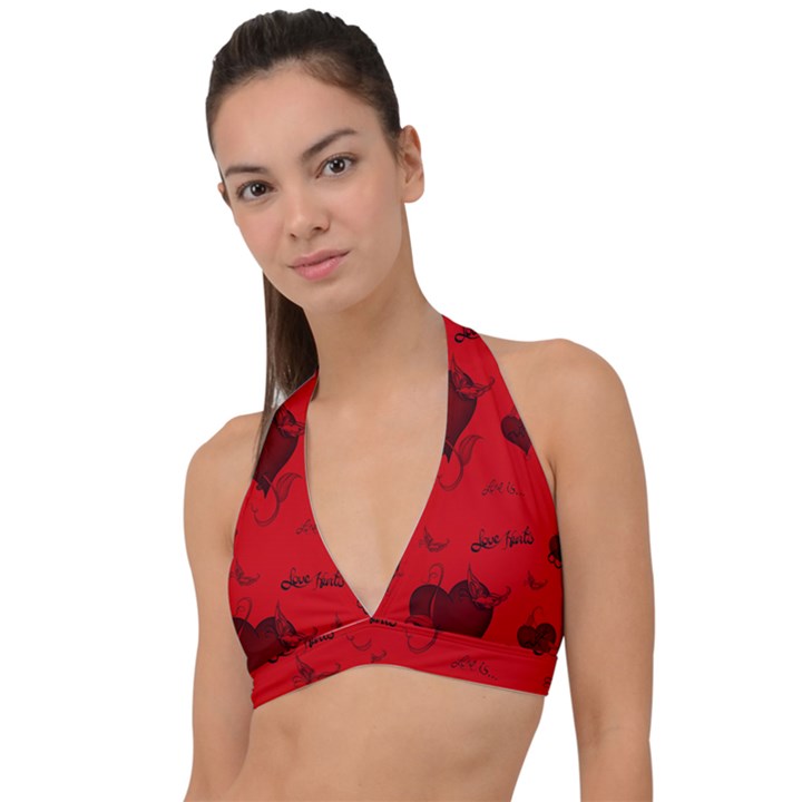 Wonderful Pattern Of Hearts Halter Plunge Bikini Top