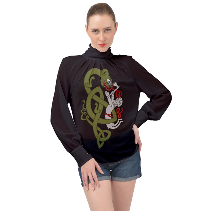 Pepe the Frog Rare Celtic Viking Norse Dragon pattern Deus Vult medieval wojak Crusader High Neck Long Sleeve Chiffon Top