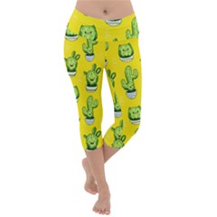 Kawaii Cactus Yellow Lightweight Velour Capri Yoga Leggings by trulycreative