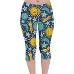 Funny Cartoon Star Moon Sun Velvet Capri Leggings  by trulycreative