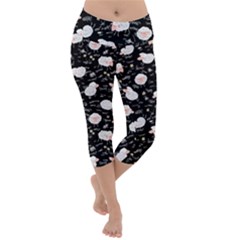 Cute Cartoon Sheep Black Lightweight Velour Capri Yoga Leggings by trulycreative