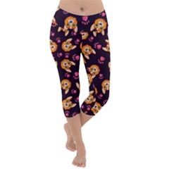 Cute Cartoon Welsh Corgi Puppy Face Eggplant Lightweight Velour Capri Yoga Leggings by trulycreative