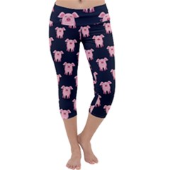 Cute Cartoon Pig Denim Blue Capri Yoga Leggings by trulycreative