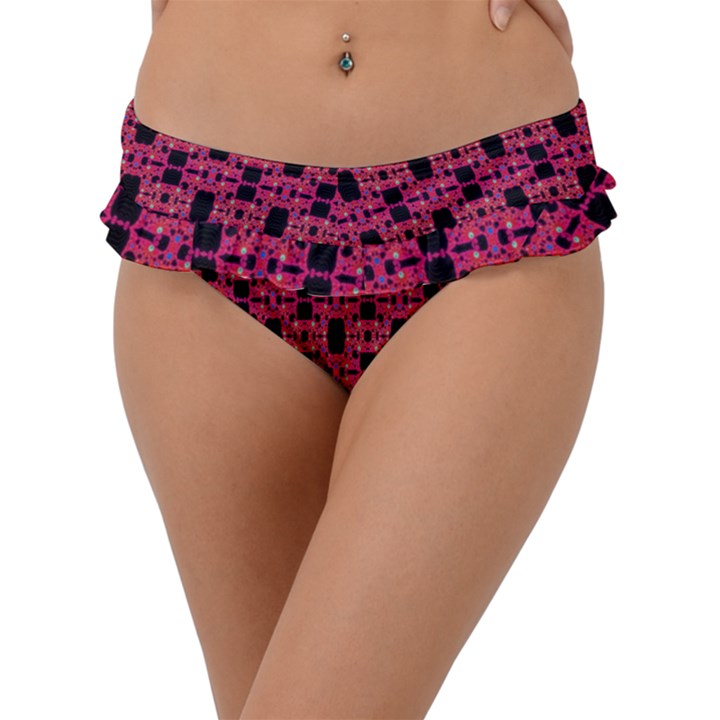 Red Black Abstract Pattern Frill Bikini Bottom