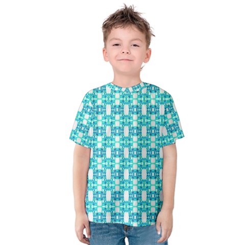 Teal White  Abstract Pattern Kids  Cotton Tee by BrightVibesDesign