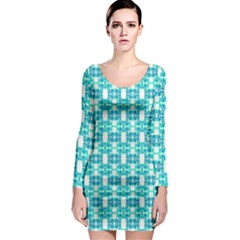 Teal White  Abstract Pattern Long Sleeve Bodycon Dress by BrightVibesDesign