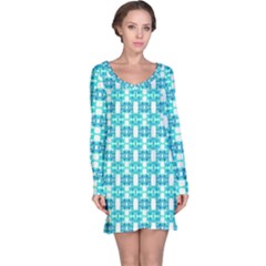 Teal White  Abstract Pattern Long Sleeve Nightdress by BrightVibesDesign