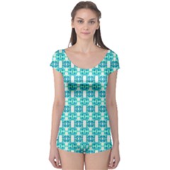 Teal White  Abstract Pattern Boyleg Leotard  by BrightVibesDesign