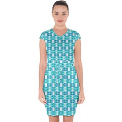 Teal White  Abstract Pattern Capsleeve Drawstring Dress  by BrightVibesDesign