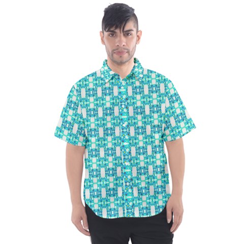 Teal White  Abstract Pattern Men s Short Sleeve Shirt by BrightVibesDesign