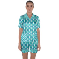 Teal White  Abstract Pattern Satin Short Sleeve Pyjamas Set by BrightVibesDesign