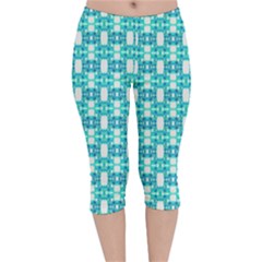 Teal White  Abstract Pattern Velvet Capri Leggings  by BrightVibesDesign