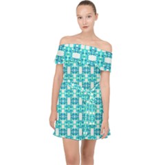 Teal White  Abstract Pattern Off Shoulder Chiffon Dress by BrightVibesDesign