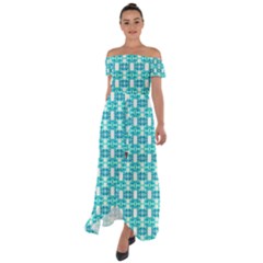 Teal White  Abstract Pattern Off Shoulder Open Front Chiffon Dress by BrightVibesDesign