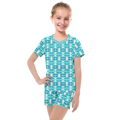 Teal White  Abstract Pattern Kids  Mesh Tee And Shorts Set by BrightVibesDesign