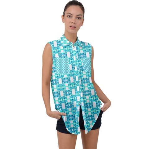 Teal White  Abstract Pattern Sleeveless Chiffon Button Shirt by BrightVibesDesign