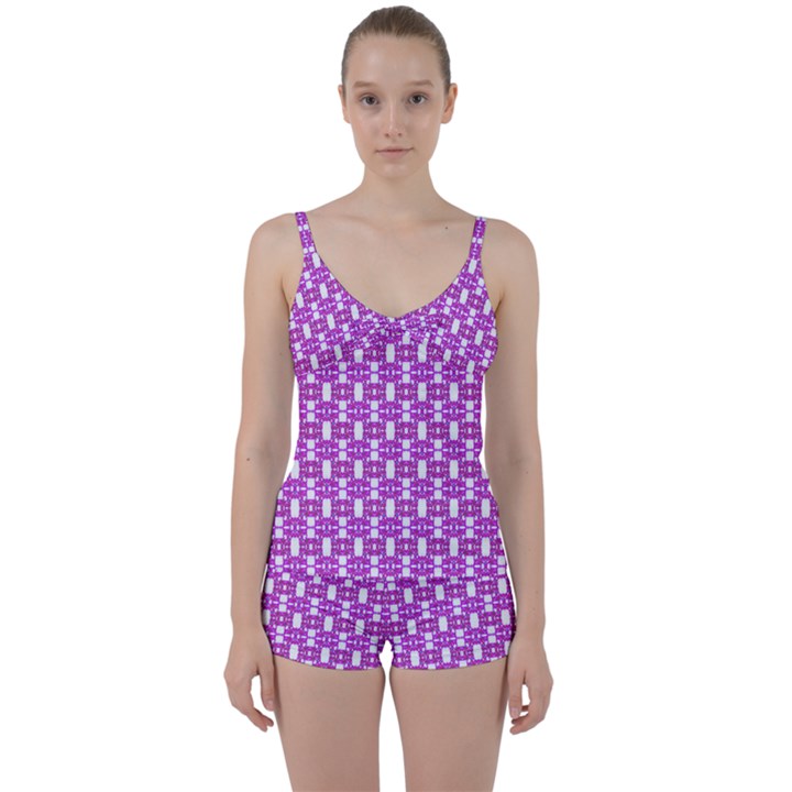 Pink  White  Abstract Pattern Tie Front Two Piece Tankini