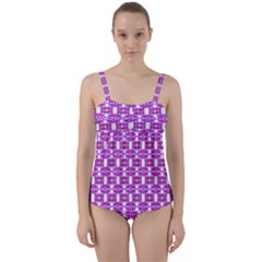 Pink  White  Abstract Pattern Twist Front Tankini Set by BrightVibesDesign