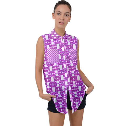 Pink  White  Abstract Pattern Sleeveless Chiffon Button Shirt by BrightVibesDesign