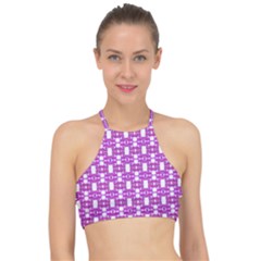 Pink  White  Abstract Pattern Racer Front Bikini Top