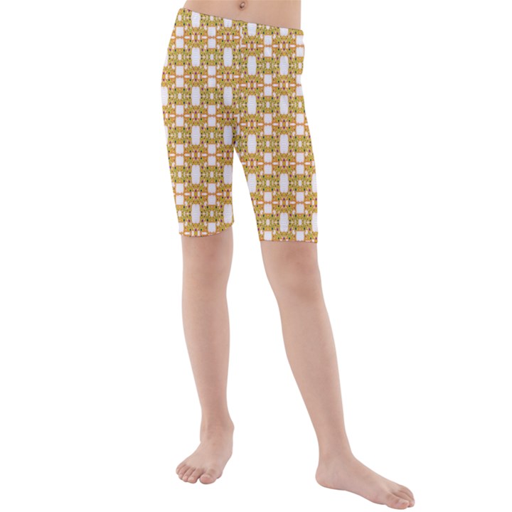 Yellow  White  Abstract Pattern Kids  Mid Length Swim Shorts