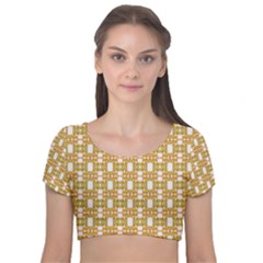 Yellow  White  Abstract Pattern Velvet Short Sleeve Crop Top  by BrightVibesDesign