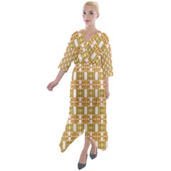 Yellow  White  Abstract Pattern Quarter Sleeve Wrap Front Maxi Dress