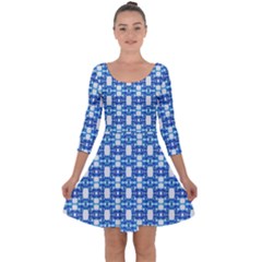 Blue White  Abstract Pattern Quarter Sleeve Skater Dress by BrightVibesDesign