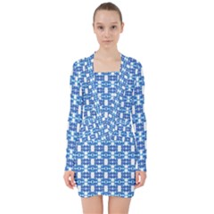 Blue White  Abstract Pattern V-neck Bodycon Long Sleeve Dress by BrightVibesDesign