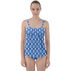 Blue White  Abstract Pattern Twist Front Tankini Set by BrightVibesDesign