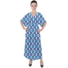 Blue White  Abstract Pattern V-neck Boho Style Maxi Dress by BrightVibesDesign