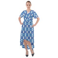 Blue White  Abstract Pattern Front Wrap High Low Dress by BrightVibesDesign