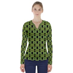 Green Black Abstract Pattern V-neck Long Sleeve Top by BrightVibesDesign