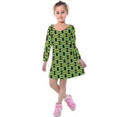 Green Black Abstract Pattern Kids  Long Sleeve Velvet Dress by BrightVibesDesign