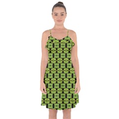 Green Black Abstract Pattern Ruffle Detail Chiffon Dress by BrightVibesDesign