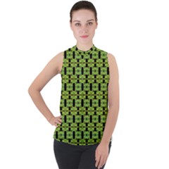 Green Black Abstract Pattern Mock Neck Chiffon Sleeveless Top by BrightVibesDesign