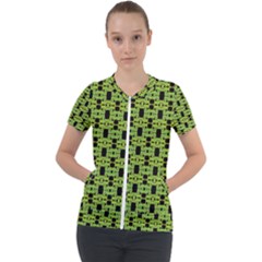 Green Black Abstract Pattern Short Sleeve Zip Up Jacket by BrightVibesDesign