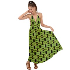 Green Black Abstract Pattern Backless Maxi Beach Dress