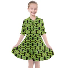 Green Black Abstract Pattern Kids  All Frills Chiffon Dress by BrightVibesDesign