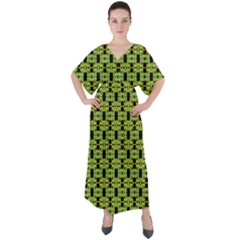 Green Black Abstract Pattern V-neck Boho Style Maxi Dress by BrightVibesDesign