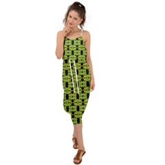 Green Black Abstract Pattern Waist Tie Cover Up Chiffon Dress