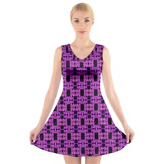 Pink Black Abstract Pattern V-neck Sleeveless Dress by BrightVibesDesign